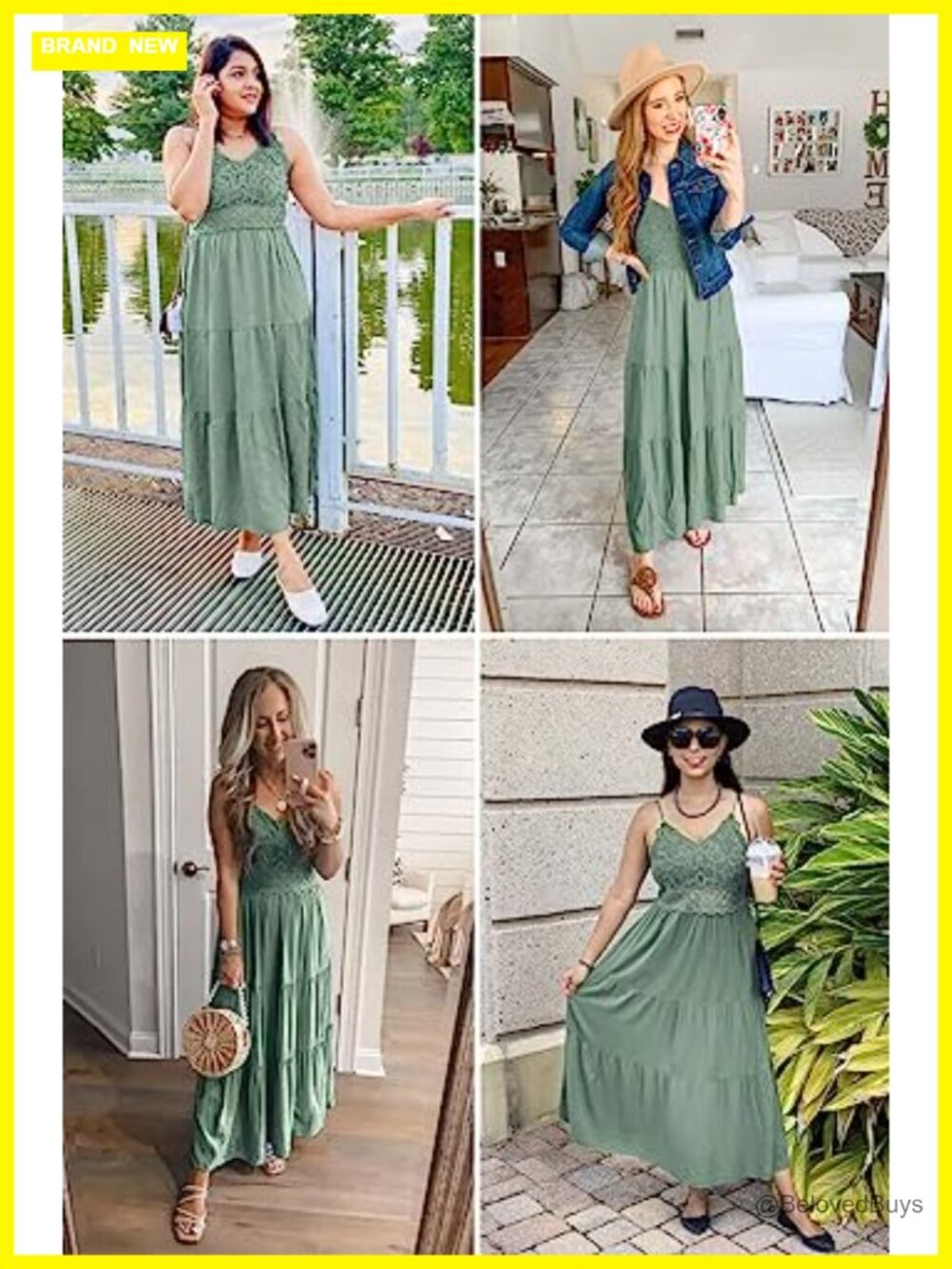 Lace Trim Maxi Dress V-Neck Spaghetti Strap Summer Wedding Guest - Picture 3 of 6